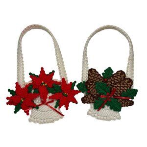 Pointsettia & Pine Cone Christmas Basket Door Knob Hanger Wall Plastic Canvas